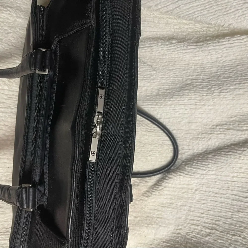 Victorinox Swiss Black Canvas &leather laptop Bag Briefcase silver tone hardware